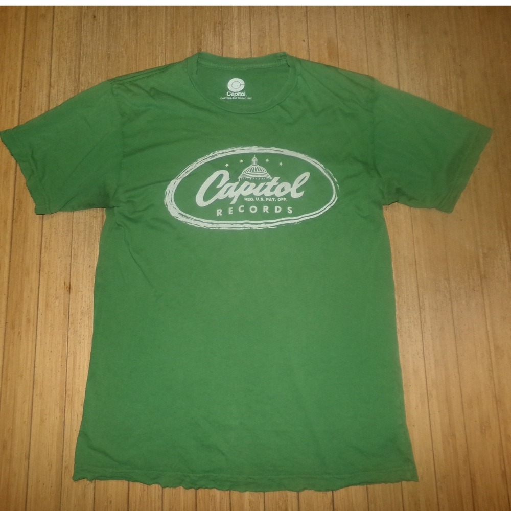 Capitol Records Graphic T-Shirt Green Short Sleeve Music Logo Tee Distressed Hem